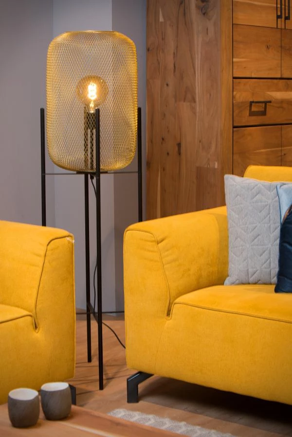 Lucide MESH - Lampadaire - Ø 35 cm - 1xE27 - Or Mat / Laiton - ambiance 2